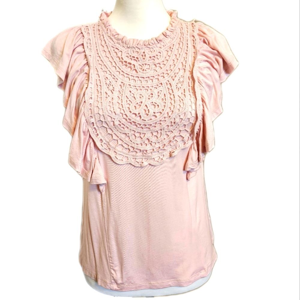 Cable & Gauge NWT pale pink flutter sleeve top with lace overlay S